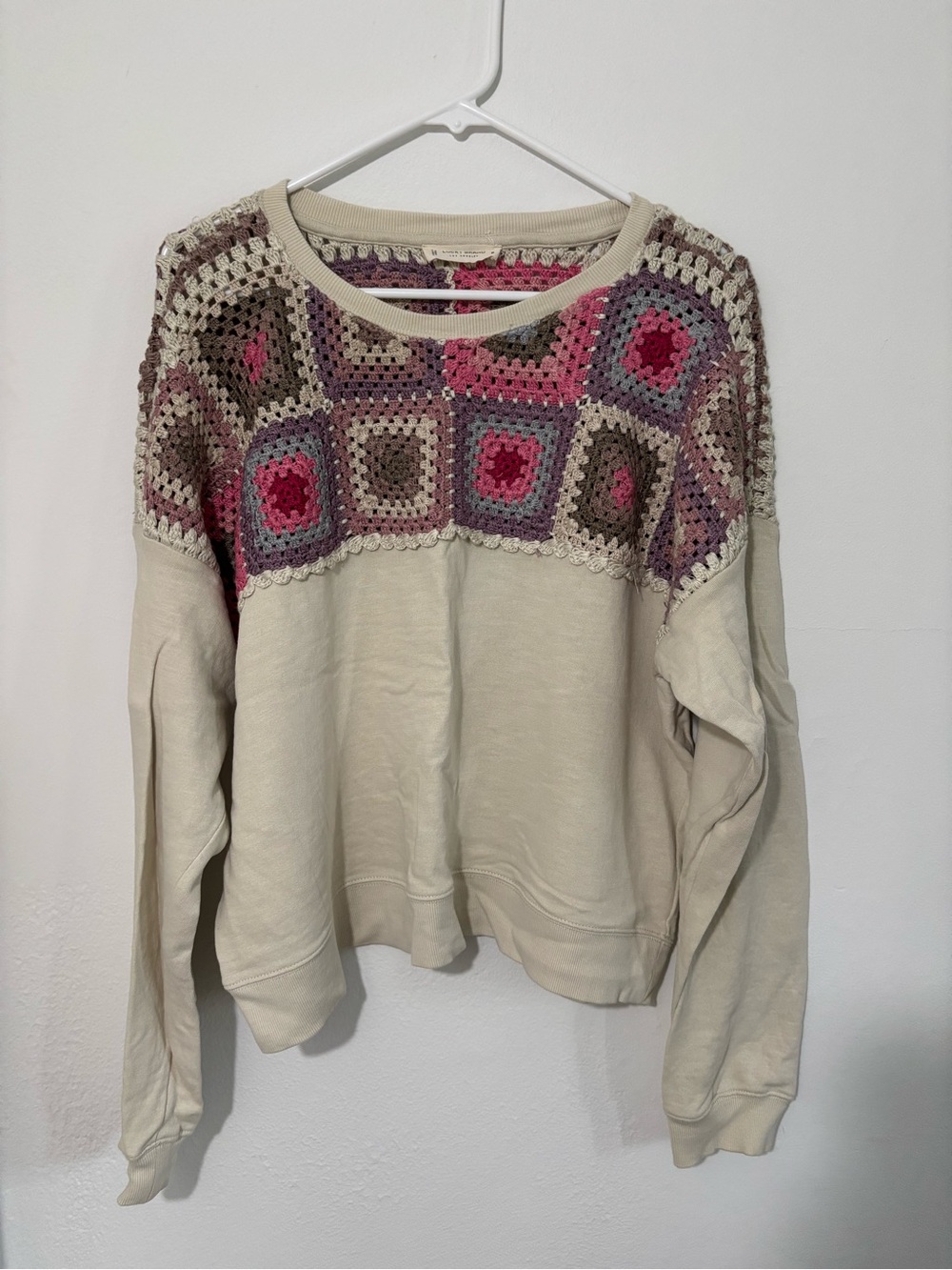 Lucky Brand Crochet Yoke Pullover in Cream, Pink & Mauve